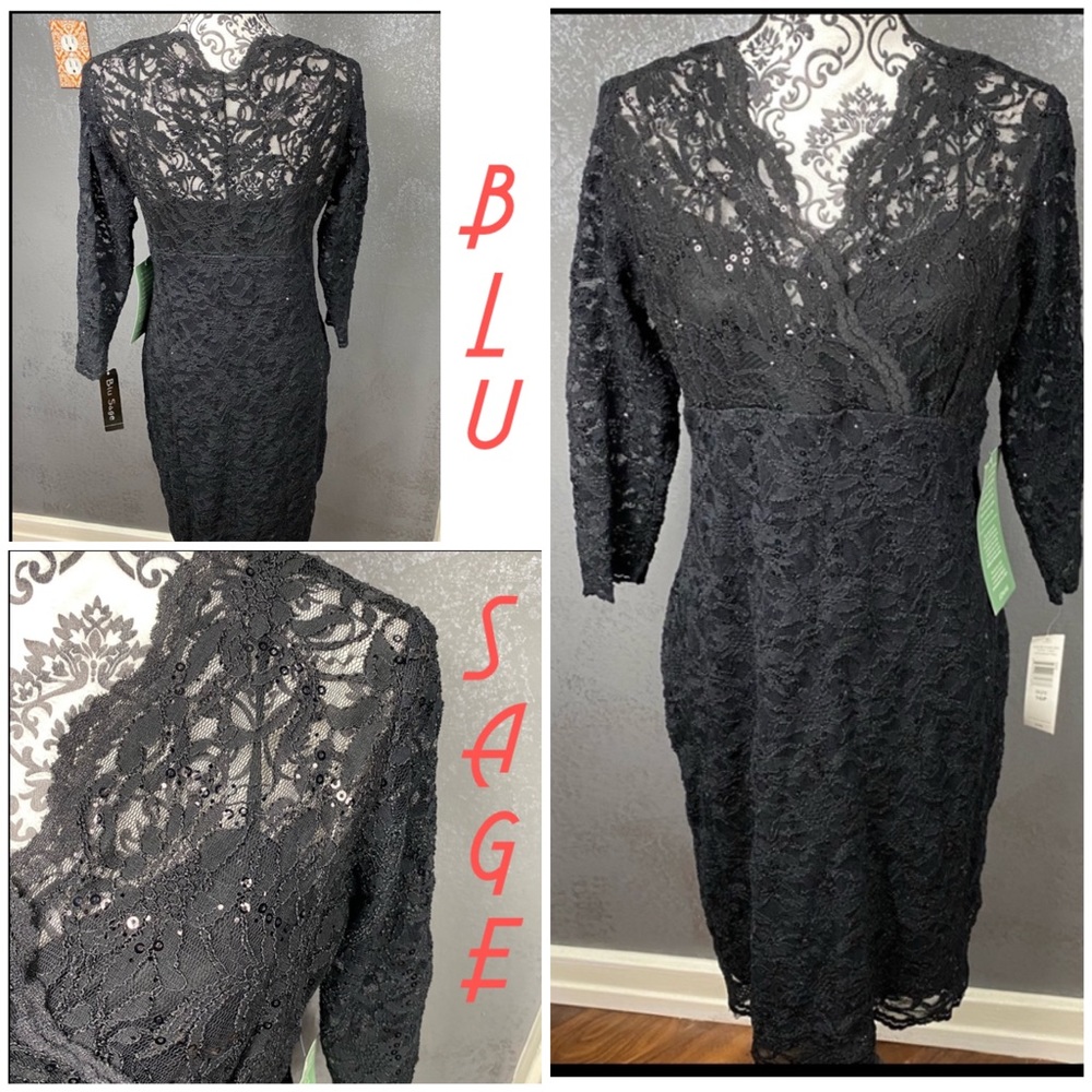 Blu Sage black lace sequin v-neck illusion knee length party formal dress - Picture 1 of 10